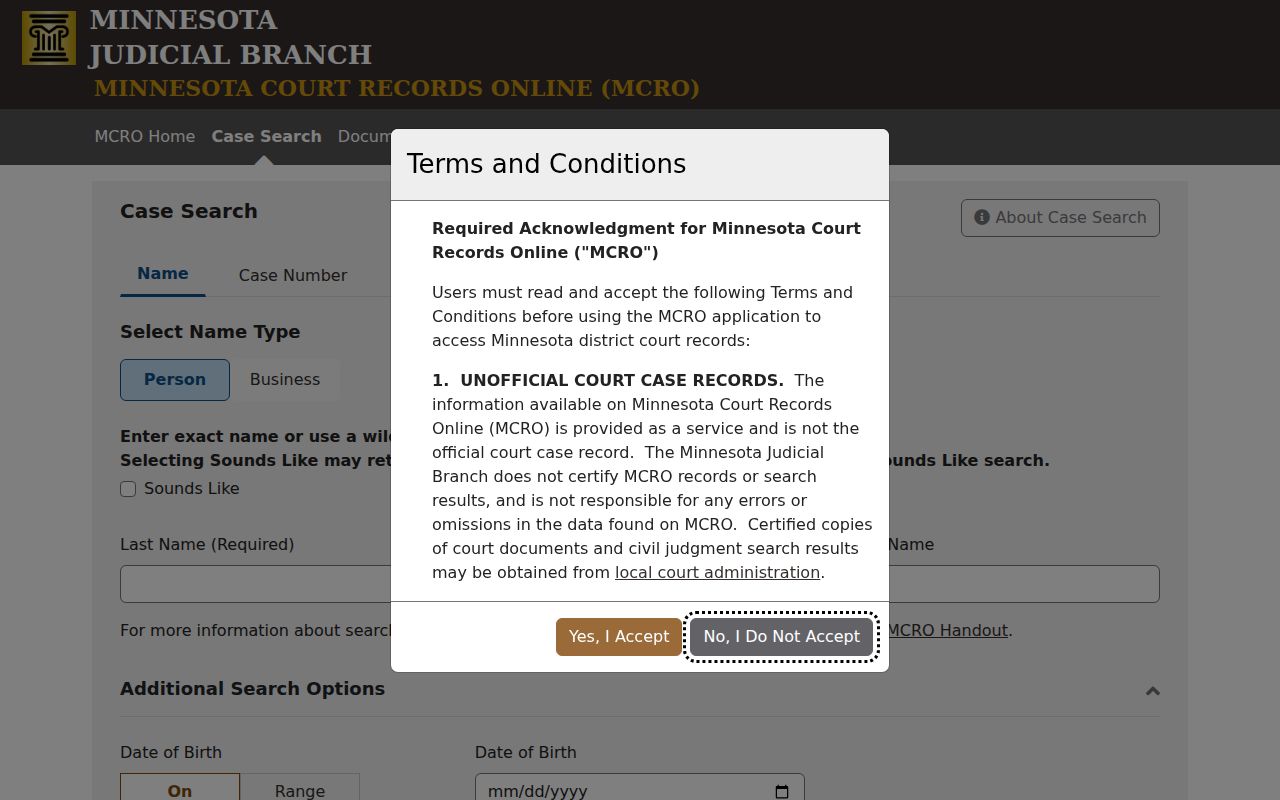 Houston County warrant lookup through the Minnesota Court Records Online search interface