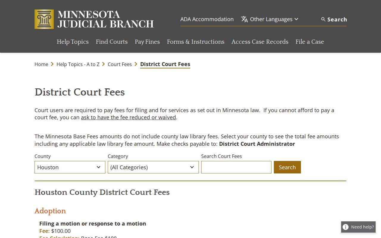 Houston County bench warrant search: district court fee information for Houston County