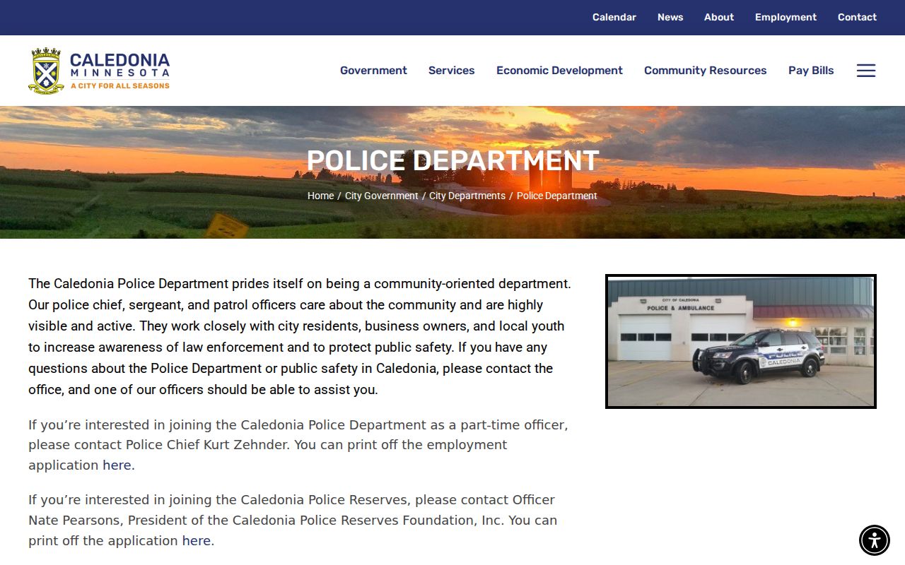 Caledonia warrant search: city police department page with contact details