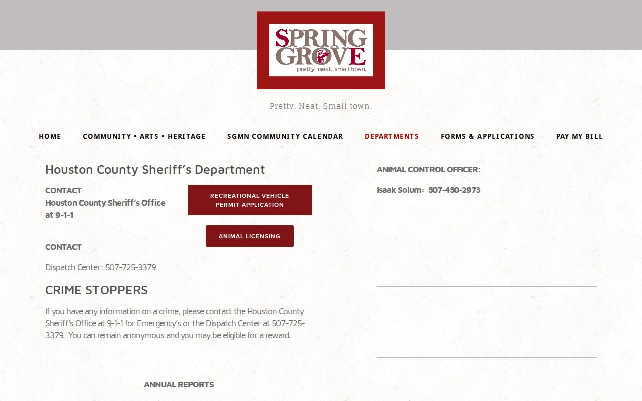 Spring Grove warrant search: city departments page with the county dispatch route