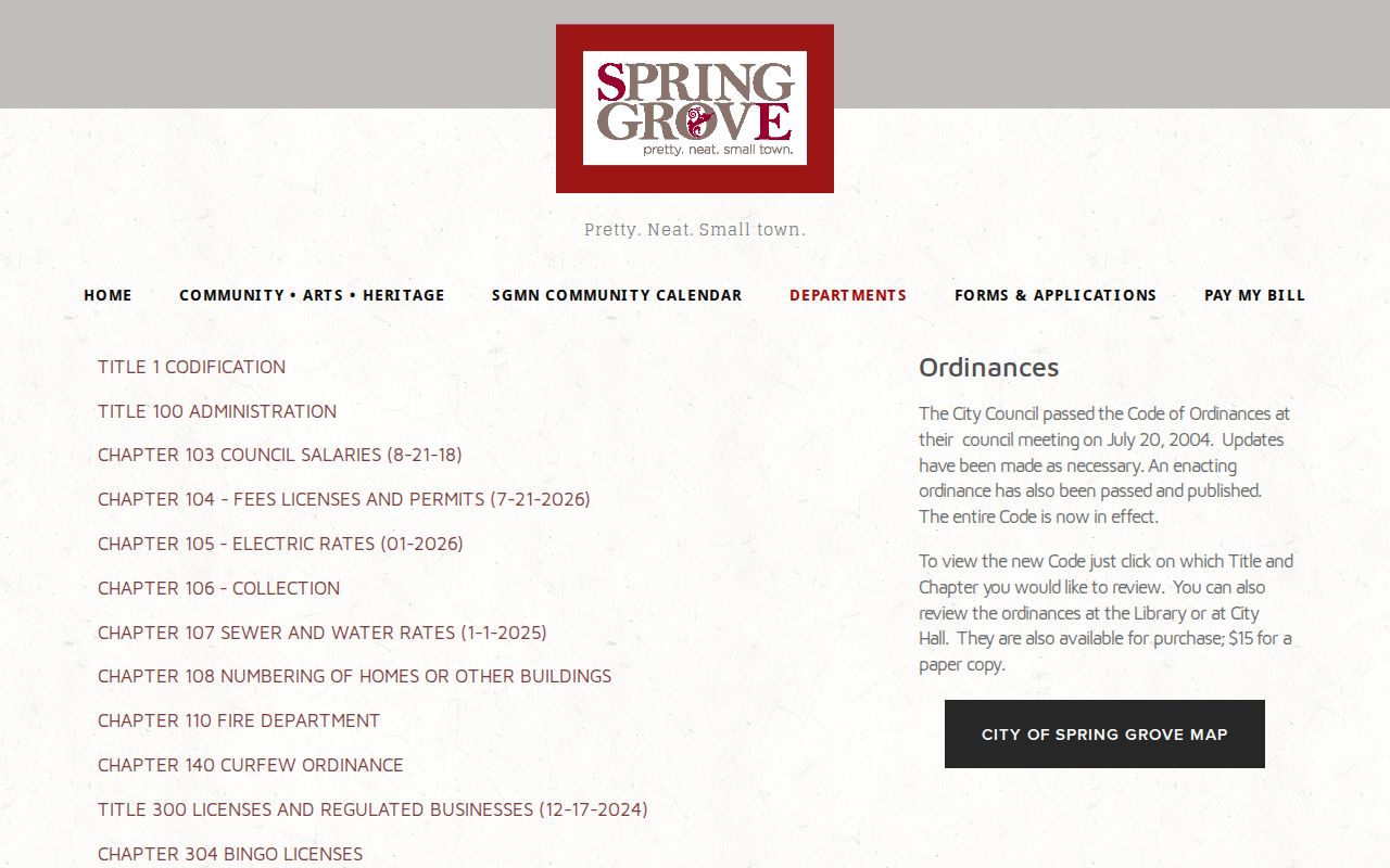 Houston County municipal warrant research: Spring Grove traffic and parking ordinance page