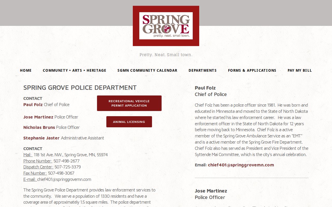 Spring Grove warrant search: city page with the police contact block